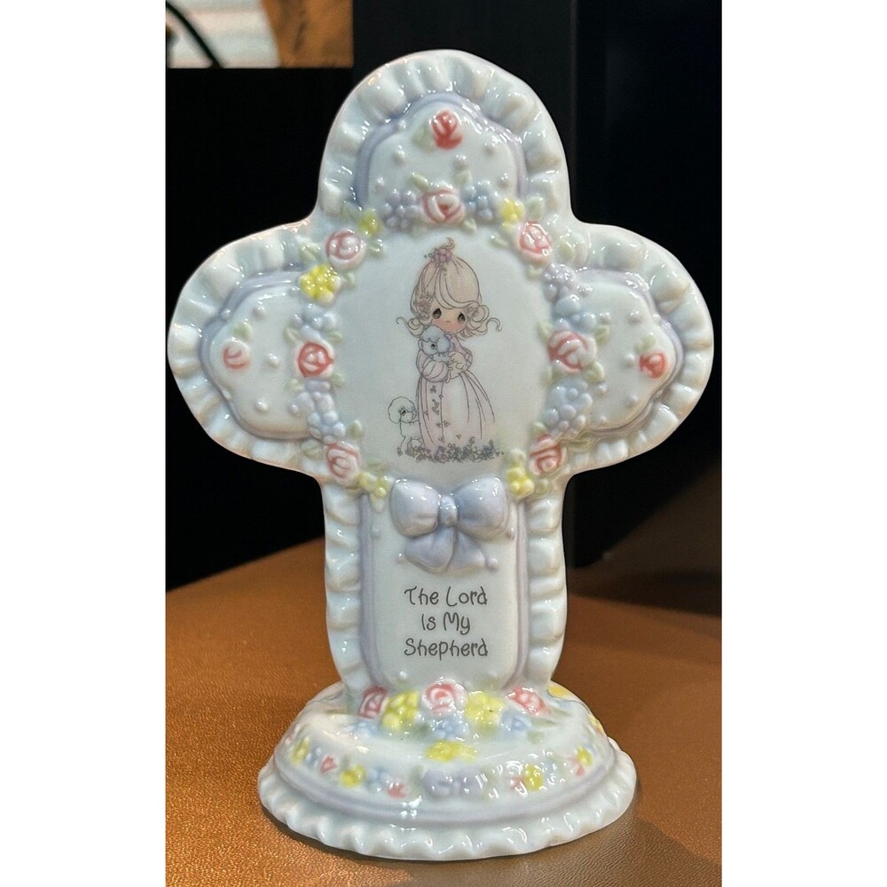 Vtg 1994 Precious Moments Ceramic Cross The Lord Is My Shepherd Girl & Lamb (1A)